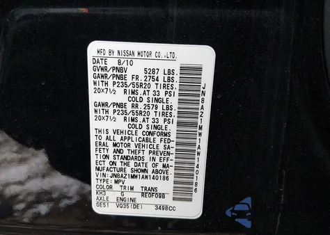 2010 Nissan Murano Le из США, поврежденный, VIN JN8AZ1MW1AW140186